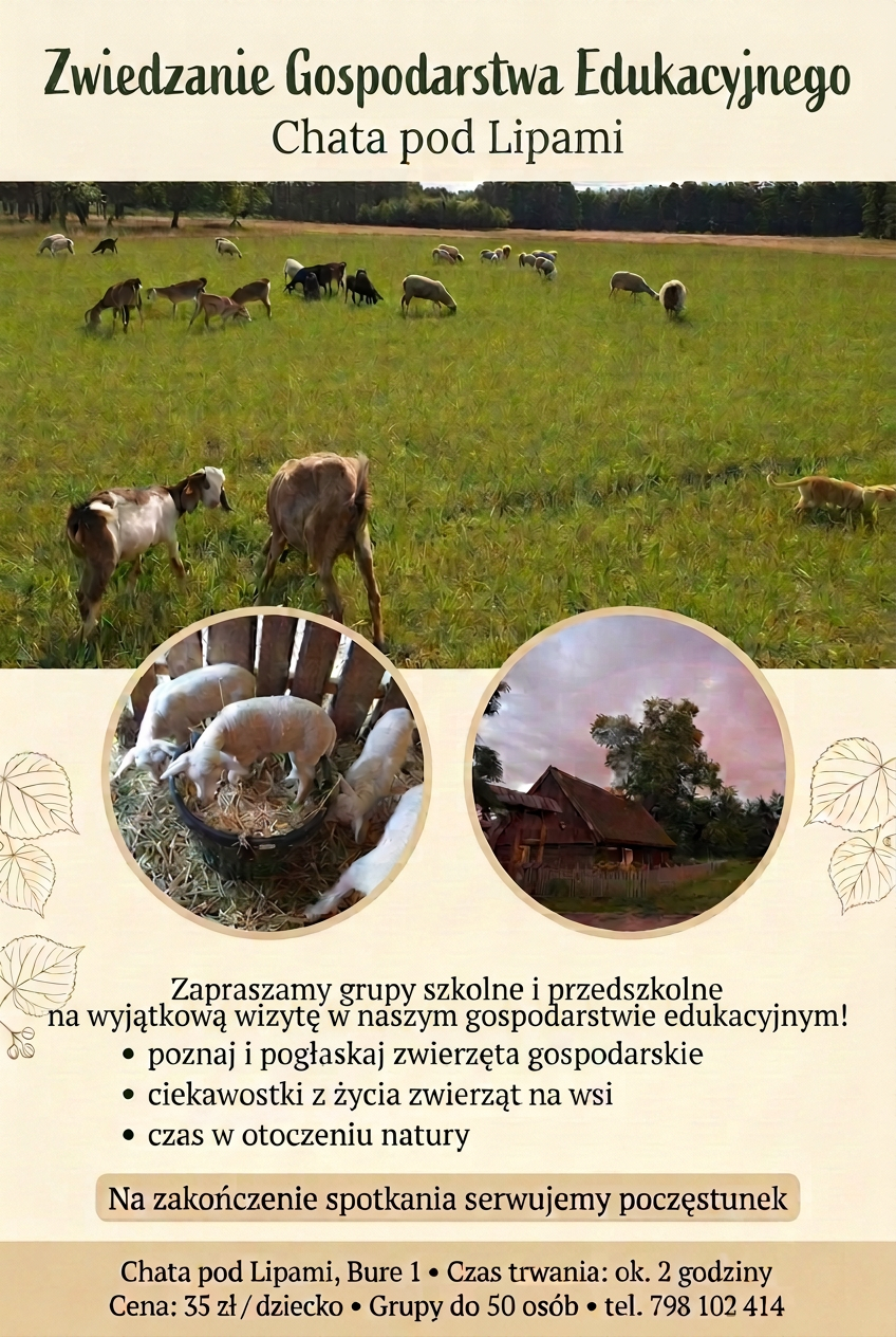 Plakat warsztatu Zwiedzanie Gospodarstwa Edukacyjnego z Poczęstunkiem